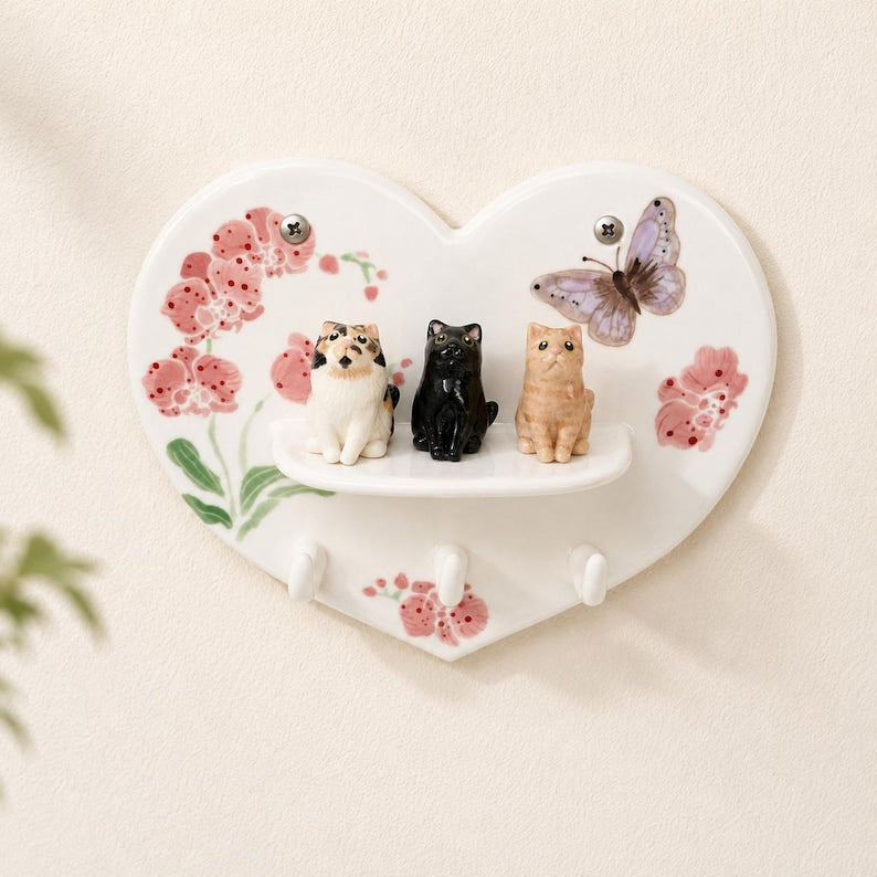 Porte-clés en céramique avec fleur d'orchidée et papillon 3D, crochet mural pour entrée, support pour laisse et étagère de rangement