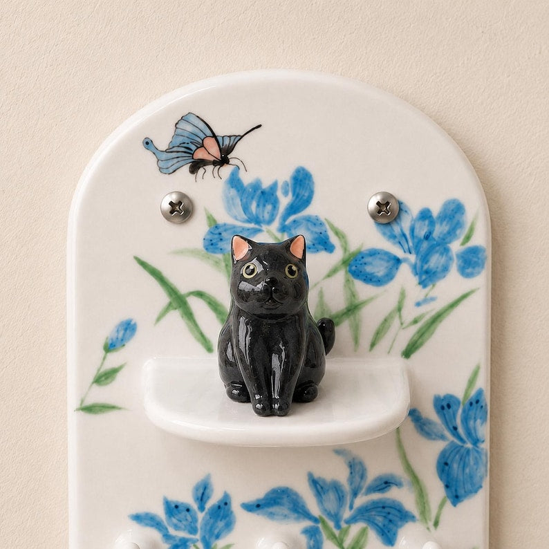 Porte-clés mural en céramique chat noir papillon 3D pour entrée, étagère de suspension élégante