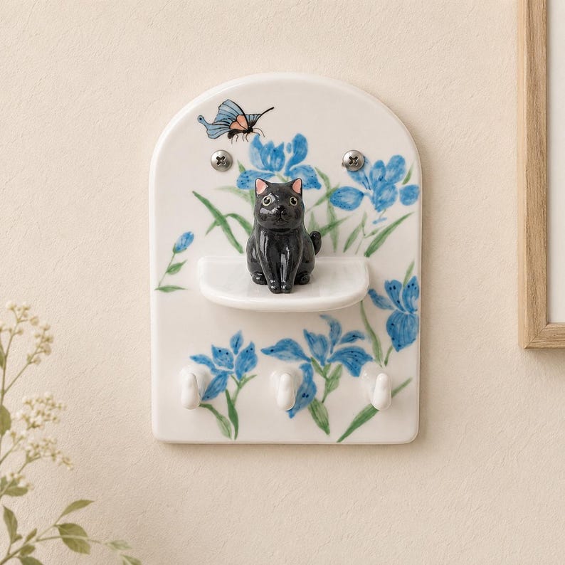 Porte-clés mural en céramique chat noir papillon 3D pour entrée, étagère de suspension élégante