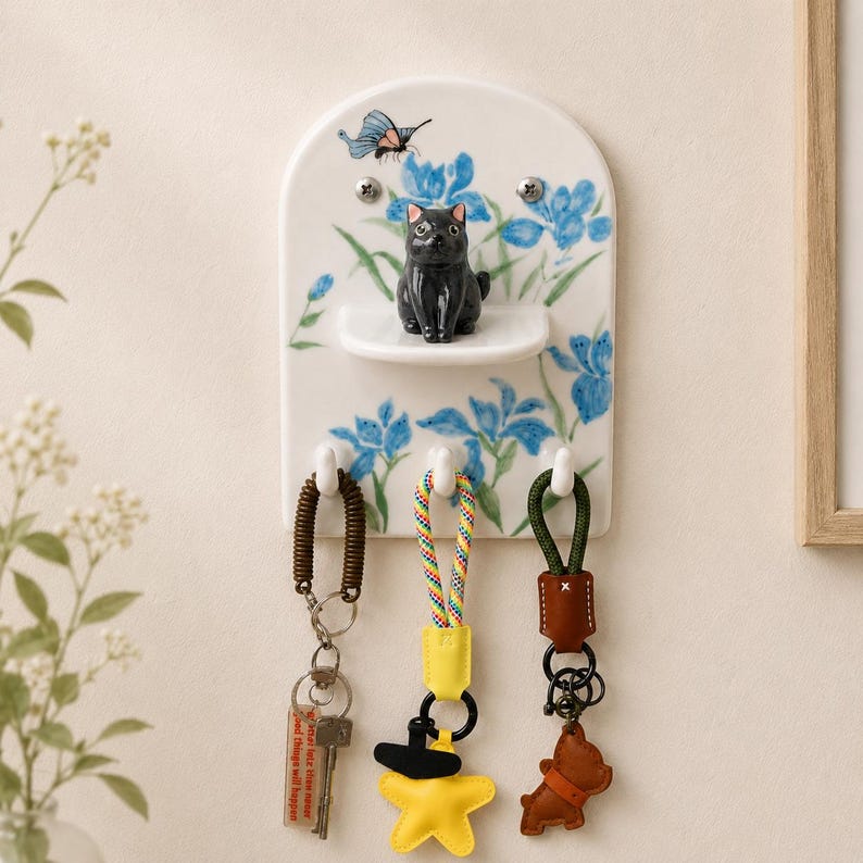 Porte-clés mural en céramique chat noir papillon 3D pour entrée, étagère de suspension élégante