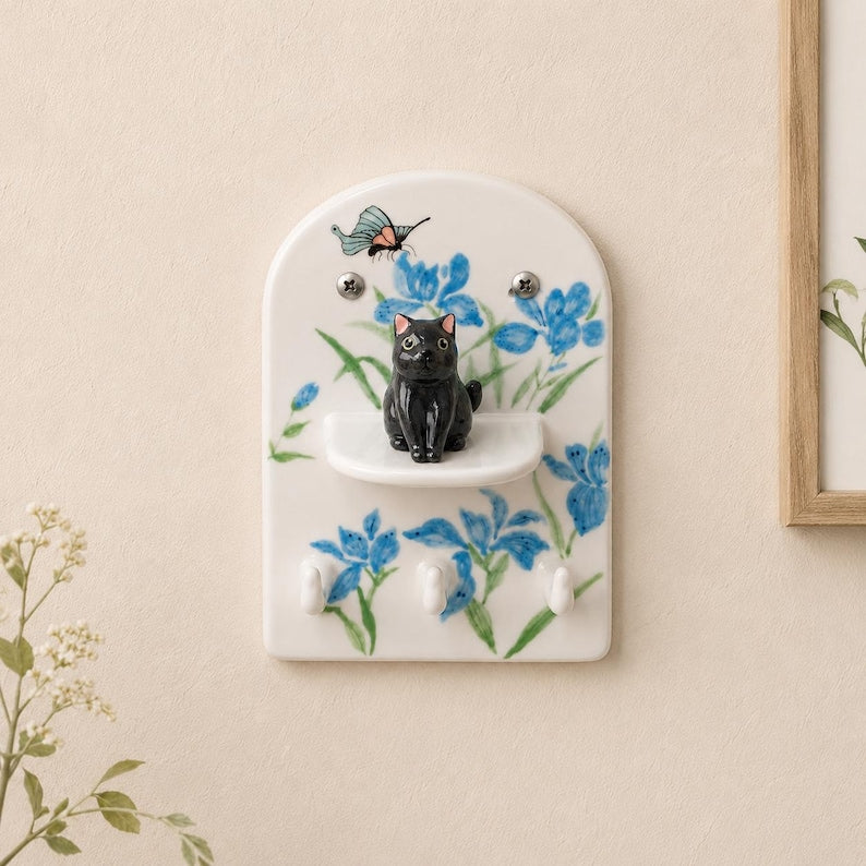 Porte-clés mural en céramique chat noir papillon 3D pour entrée, étagère de suspension élégante