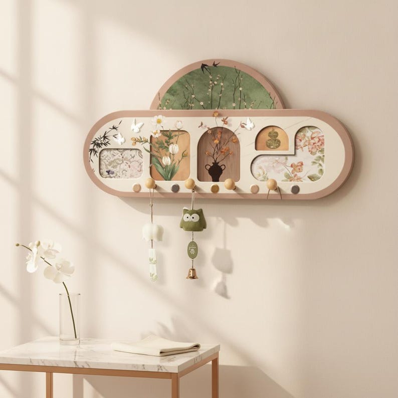 Range-mural en bois à motifs floraux avec crochets