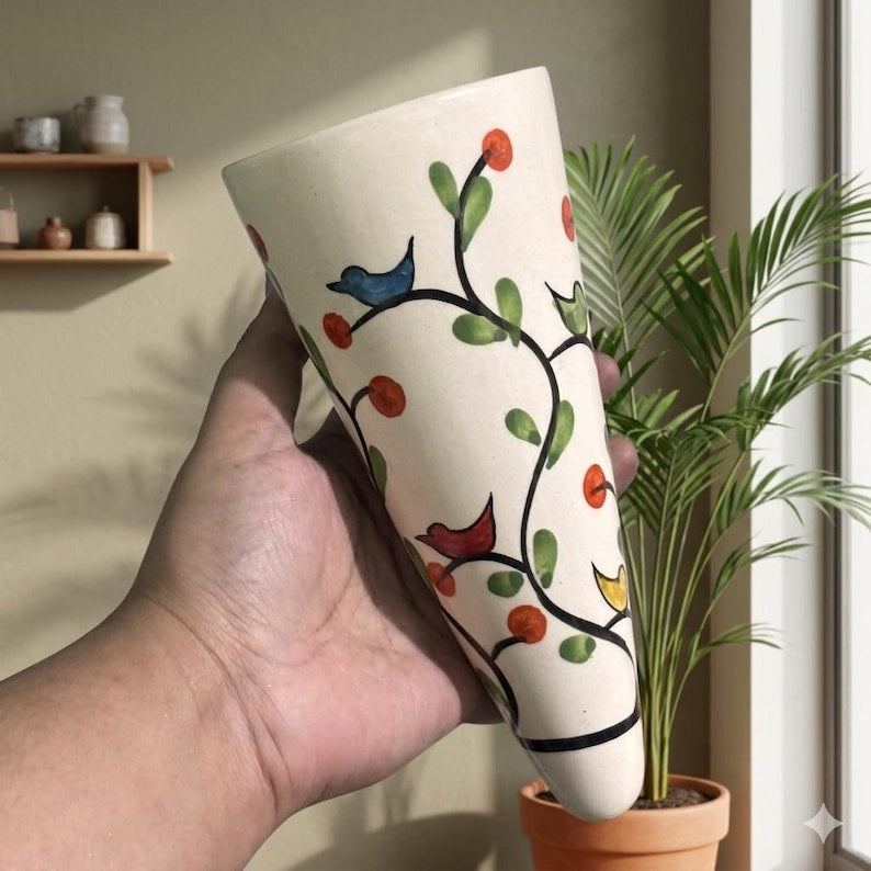 Vase Conique Mural en Céramique 18 cm - Finition Rustique Brillante, Motif Floral Rouge, pour Plantes Succulentes