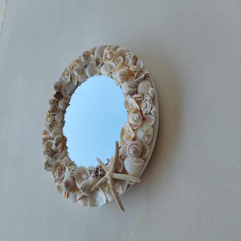 Miroir rond coquillage blanc style bord de mer 27 cm