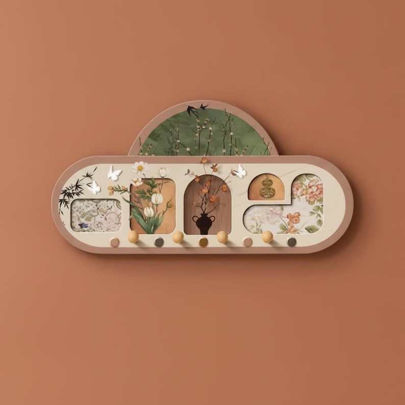 Range-mural en bois à motifs floraux avec crochets