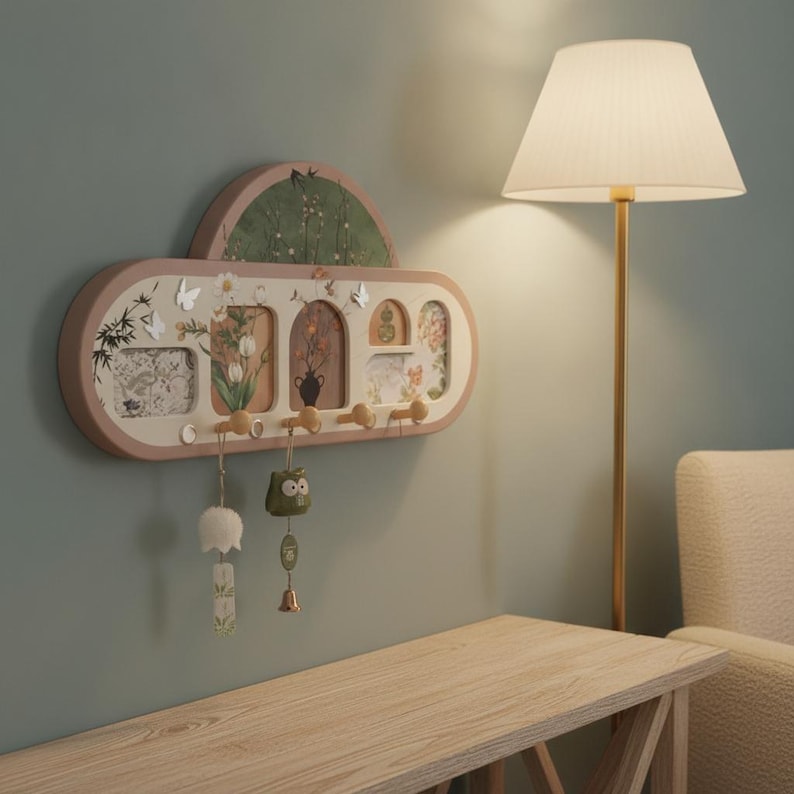 Range-mural en bois à motifs floraux avec crochets