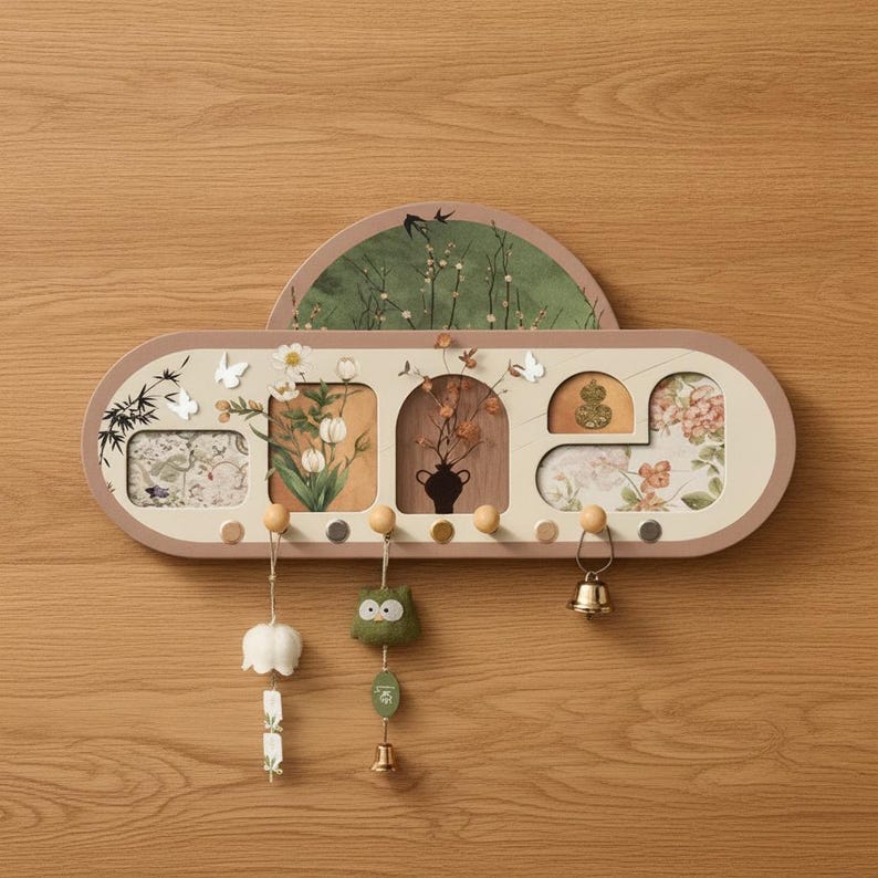 Range-mural en bois à motifs floraux avec crochets