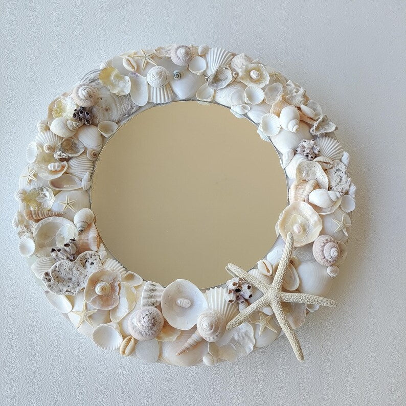 Miroir rond coquillage blanc style bord de mer 27 cm