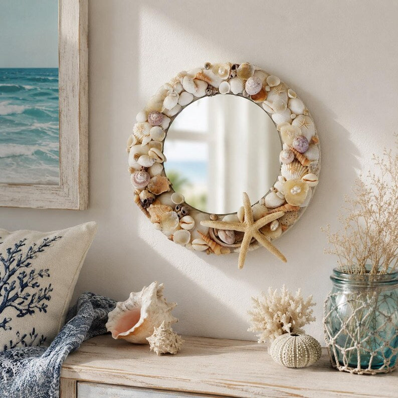 Miroir rond coquillage blanc style bord de mer 27 cm