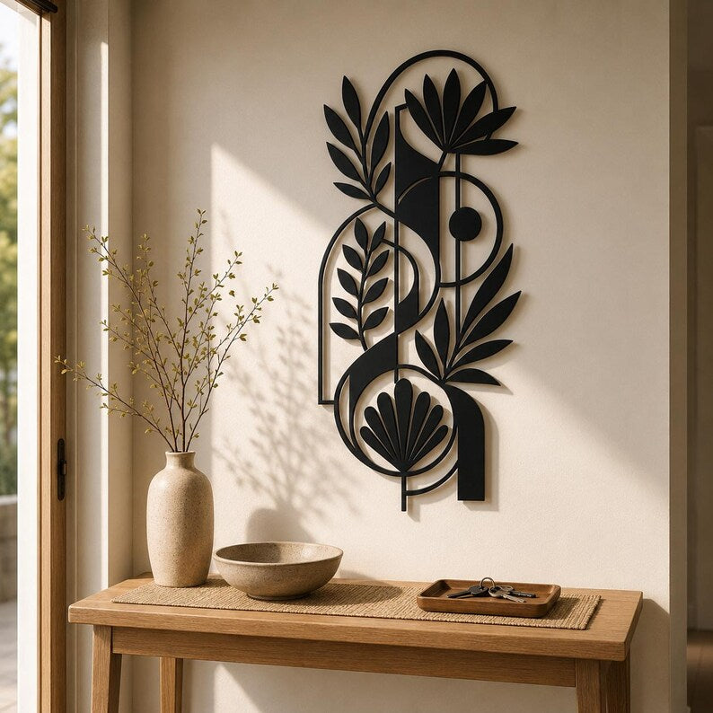 Abstrakte botanische Metallwandkunst – Moderne florale Wanddekoration, minimalistische Metallskulptur