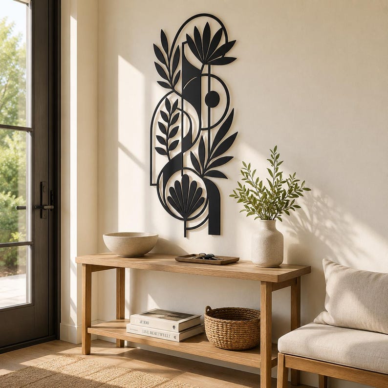 Abstrakte botanische Metallwandkunst – Moderne florale Wanddekoration, minimalistische Metallskulptur