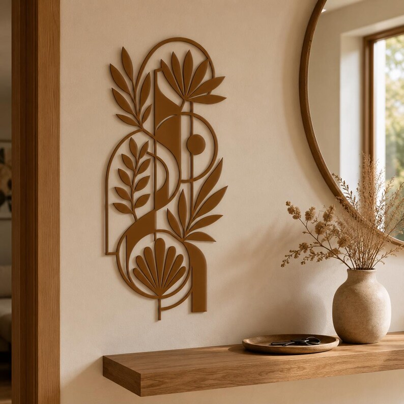 Abstrakte botanische Metallwandkunst – Moderne florale Wanddekoration, minimalistische Metallskulptur