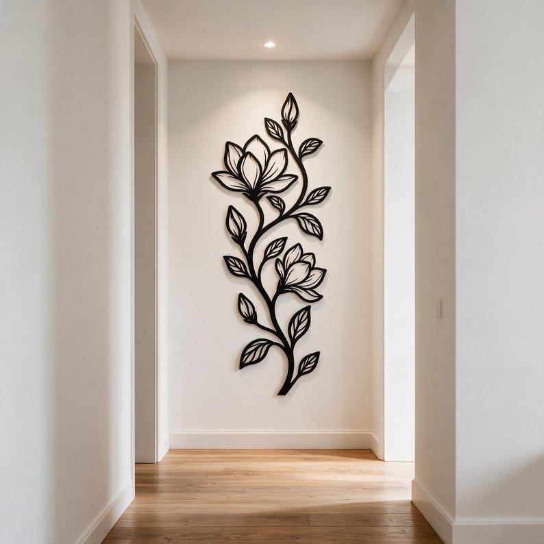 Großes vertikales Magnolien-Wandbild aus Metall, botanische florale Wanddekoration für Innen- und Außenbereich