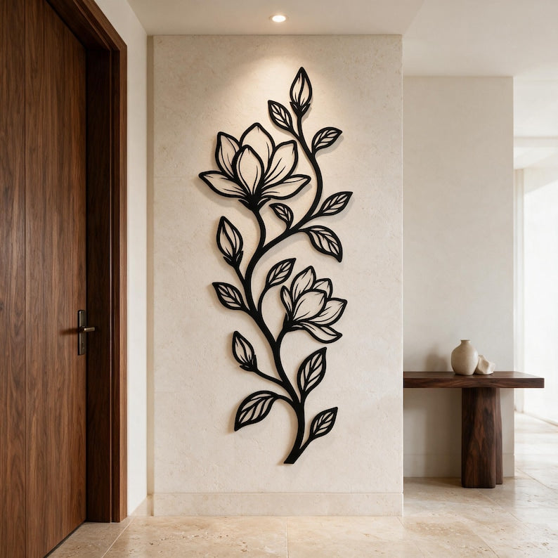 Großes vertikales Magnolien-Wandbild aus Metall, botanische florale Wanddekoration für Innen- und Außenbereich