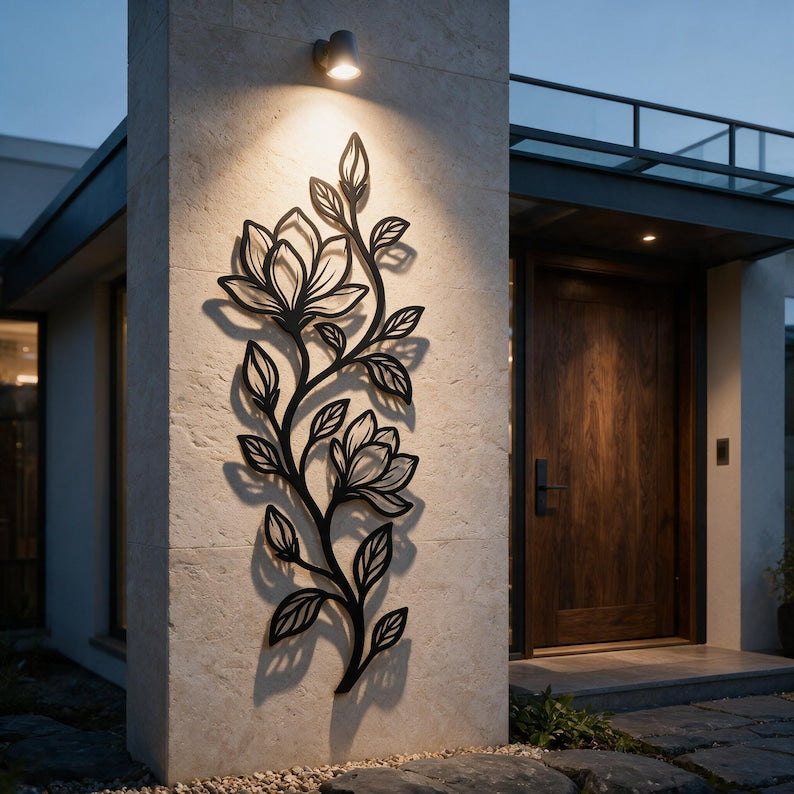 Großes vertikales Magnolien-Wandbild aus Metall, botanische florale Wanddekoration für Innen- und Außenbereich