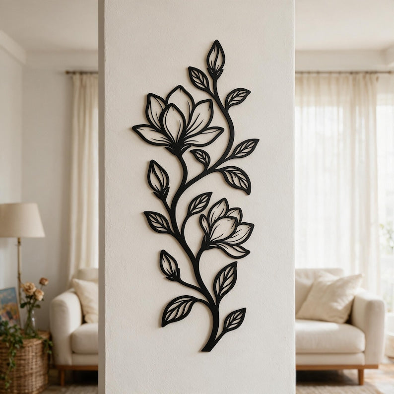 Großes vertikales Magnolien-Wandbild aus Metall, botanische florale Wanddekoration für Innen- und Außenbereich