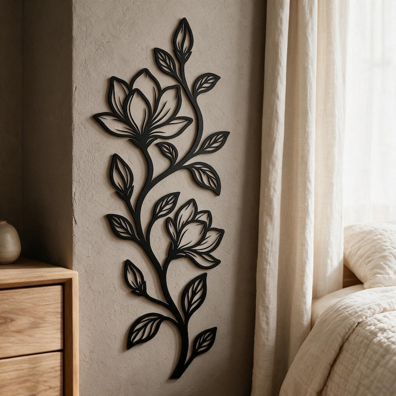 Großes vertikales Magnolien-Wandbild aus Metall, botanische florale Wanddekoration für Innen- und Außenbereich