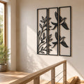 Handgefertigte Metallwandskulptur mit Kolibri- und Pflanzenmotiv, 3-teilig, pulverbeschichtet