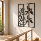Handgefertigte Metallwandskulptur mit Kolibri- und Pflanzenmotiv, 3-teilig, pulverbeschichtet