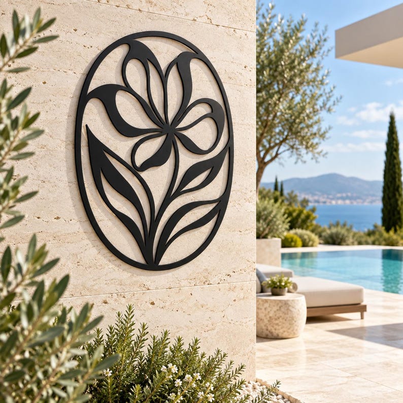 Wanddekoration aus schwarzem Metall mit Blumenmotiv, moderne botanische Wandkunst