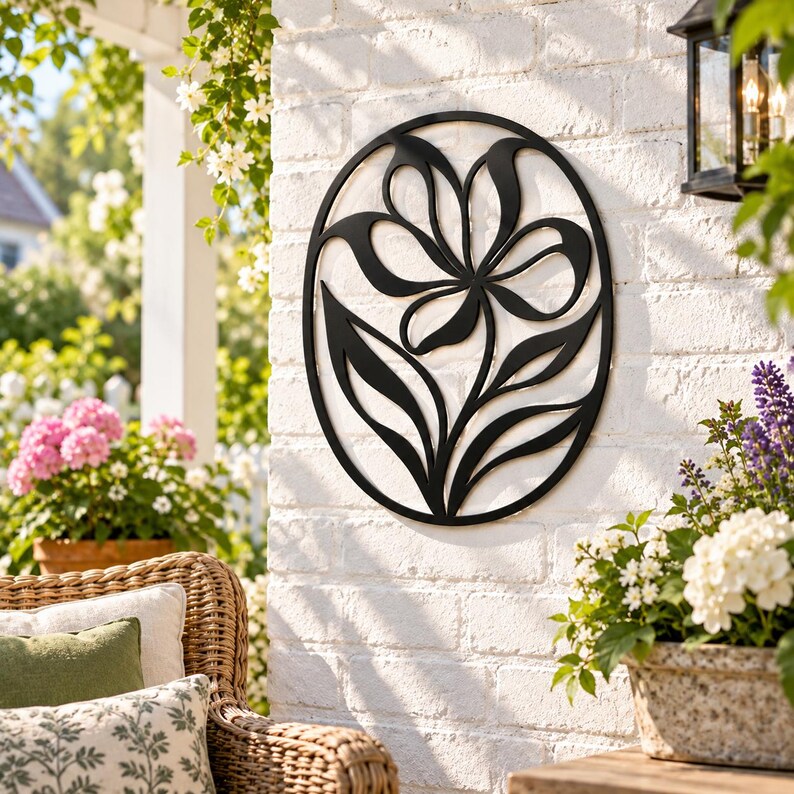 Wanddekoration aus schwarzem Metall mit Blumenmotiv, moderne botanische Wandkunst