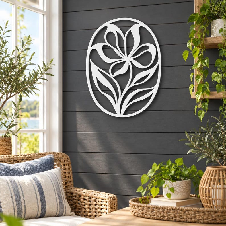 Wanddekoration aus schwarzem Metall mit Blumenmotiv, moderne botanische Wandkunst