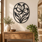 Wanddekoration aus schwarzem Metall mit Blumenmotiv, moderne botanische Wandkunst