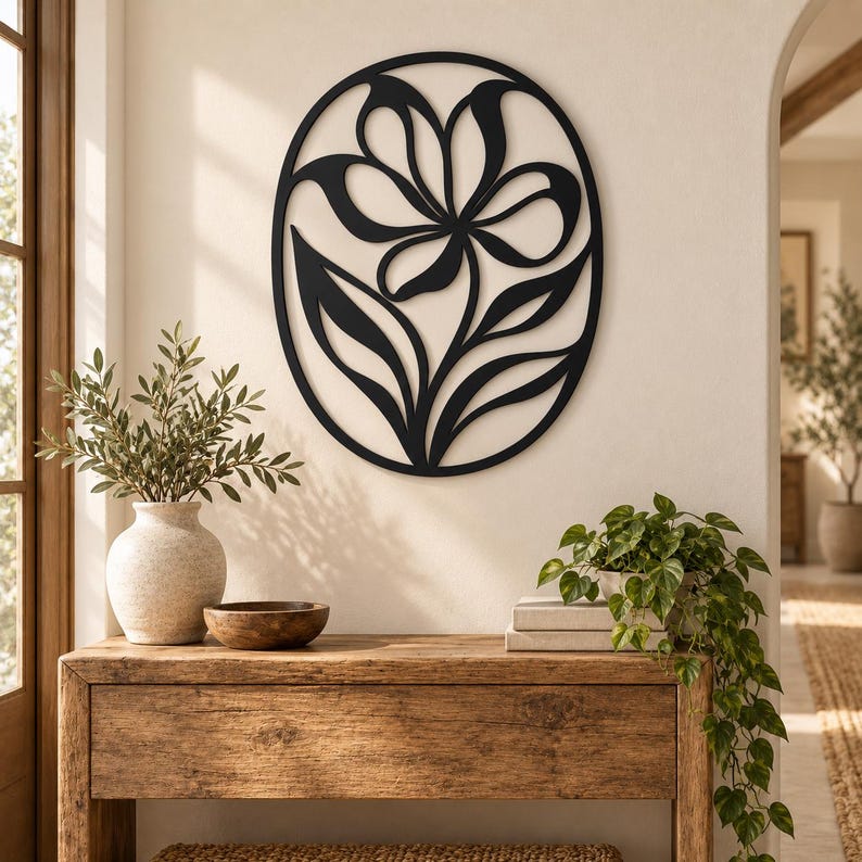 Wanddekoration aus schwarzem Metall mit Blumenmotiv, moderne botanische Wandkunst