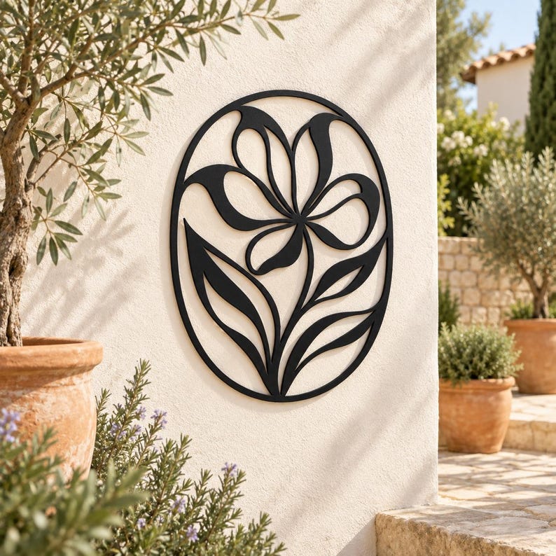 Wanddekoration aus schwarzem Metall mit Blumenmotiv, moderne botanische Wandkunst