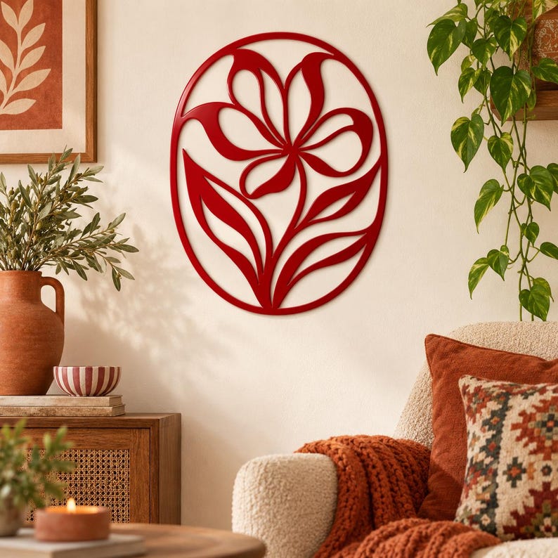 Wanddekoration aus schwarzem Metall mit Blumenmotiv, moderne botanische Wandkunst